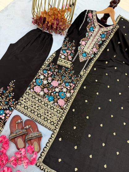 Embroidered Chinon Silk Top & Palazzo Set with Dupatta