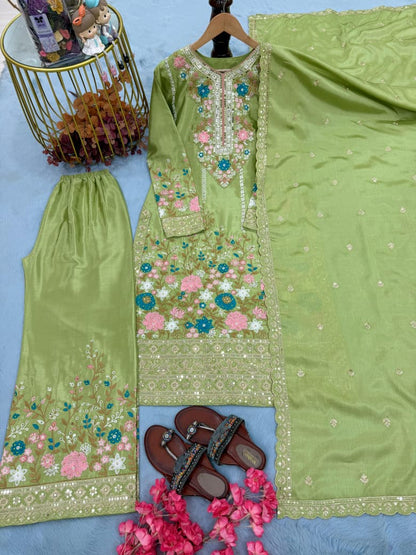 Embroidered Chinon Silk Top & Palazzo Set with Dupatta