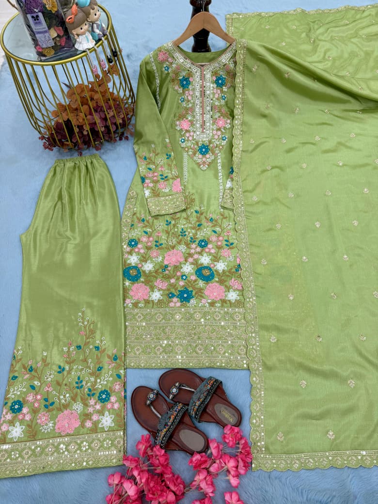 Embroidered Chinon Silk Top & Palazzo Set with Dupatta