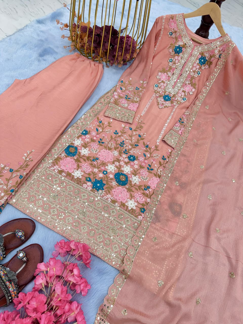 Embroidered Chinon Silk Top & Palazzo Set with Dupatta
