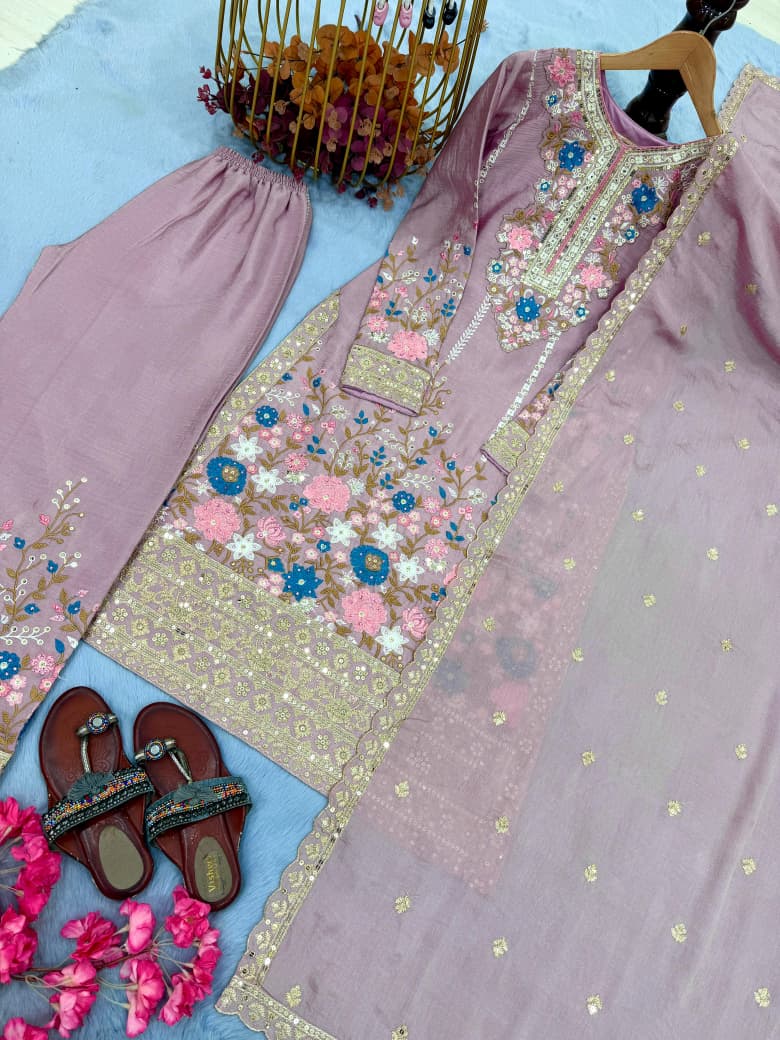 Embroidered Chinon Silk Top & Palazzo Set with Dupatta
