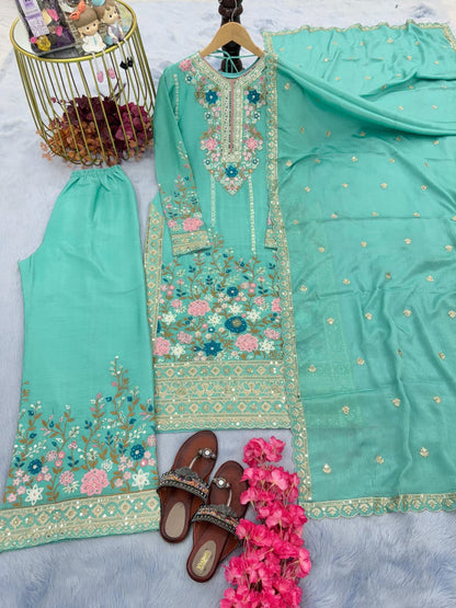 Embroidered Chinon Silk Top & Palazzo Set with Dupatta