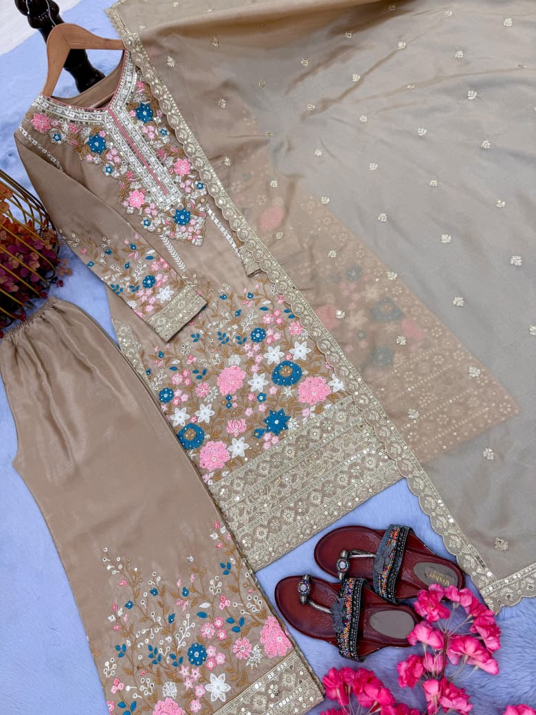 Embroidered Chinon Silk Top & Palazzo Set with Dupatta