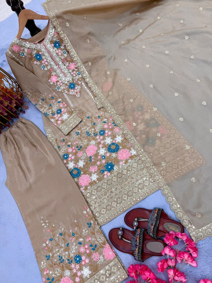 Embroidered Chinon Silk Top & Palazzo Set with Dupatta