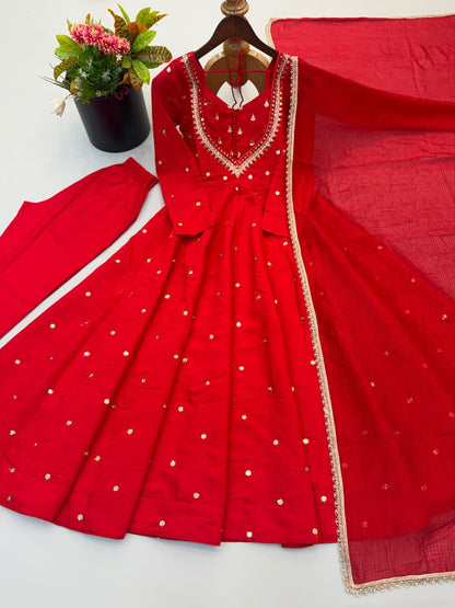Embroidered Mirror Work Anarkali Gown Set with Dupatta | Indian Occasion Wear