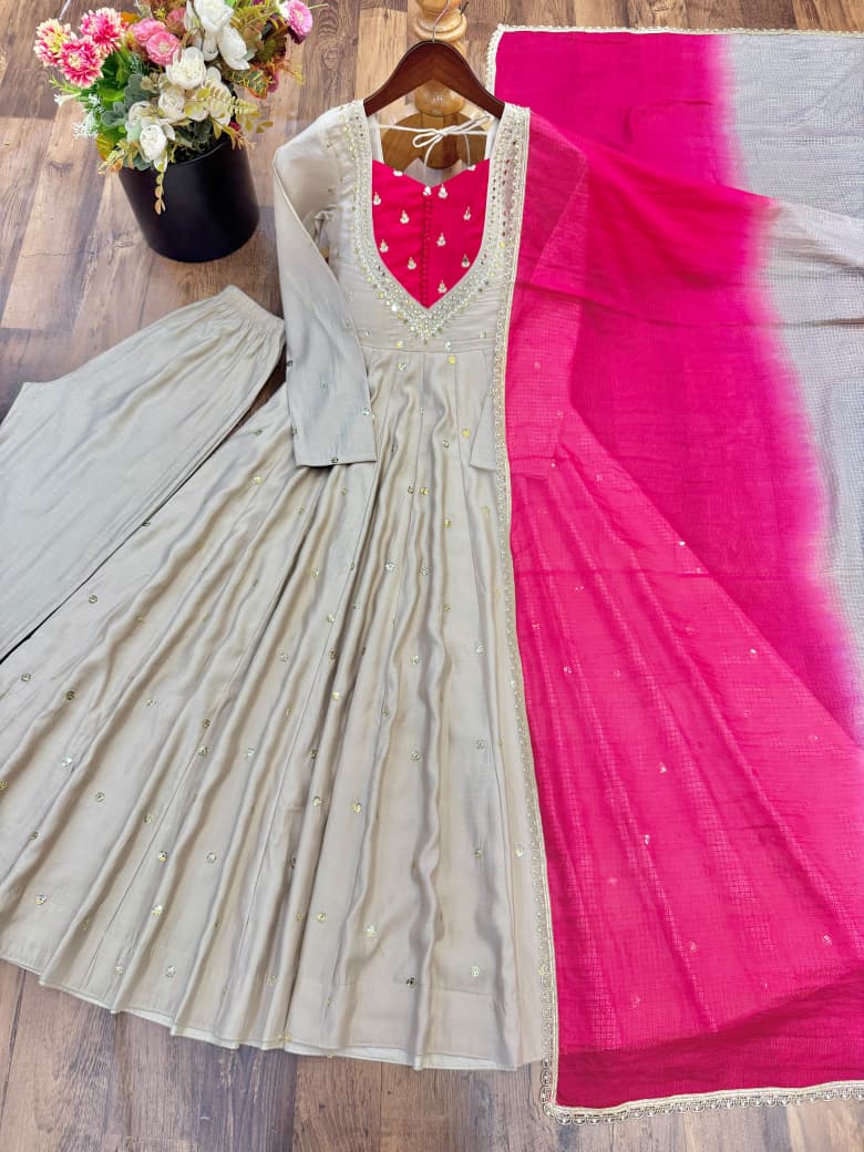 Embroidered Mirror Work Anarkali Gown Set with Dupatta | Indian Occasion Wear