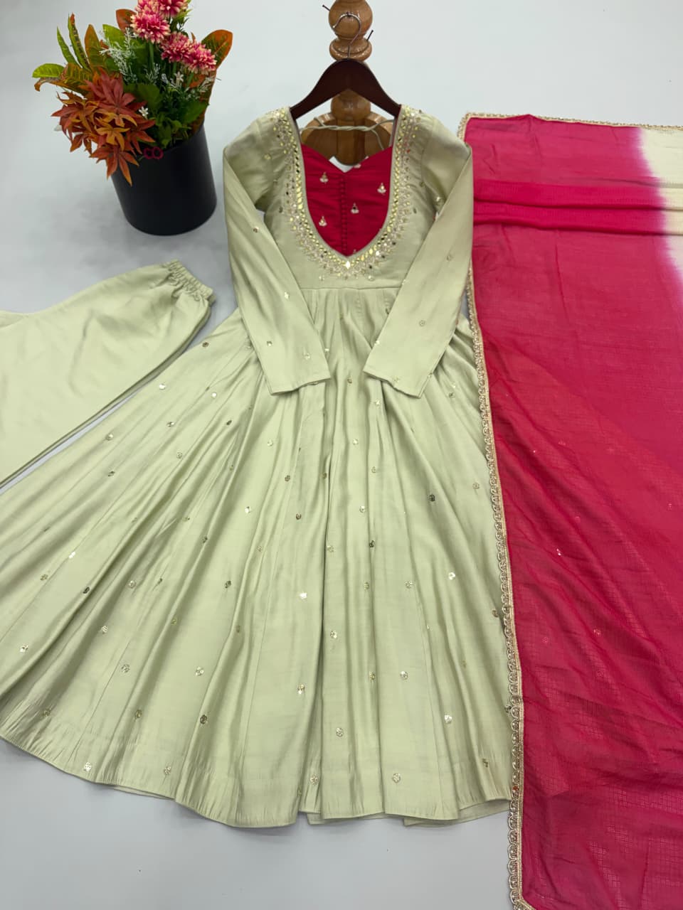 Embroidered Mirror Work Anarkali Gown Set with Dupatta | Indian Occasion Wear