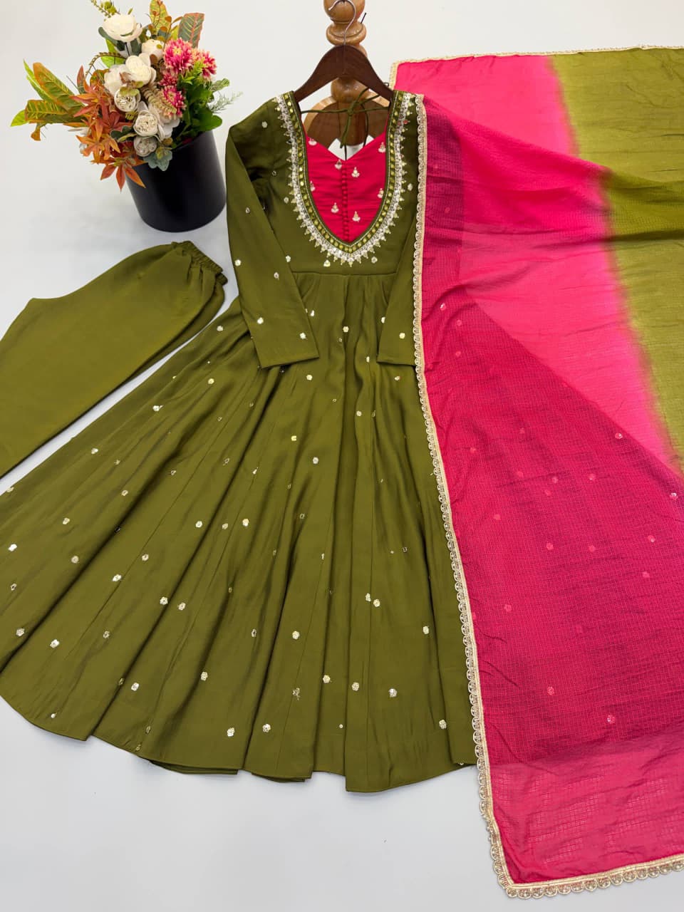 Embroidered Mirror Work Anarkali Gown Set with Dupatta | Indian Occasion Wear