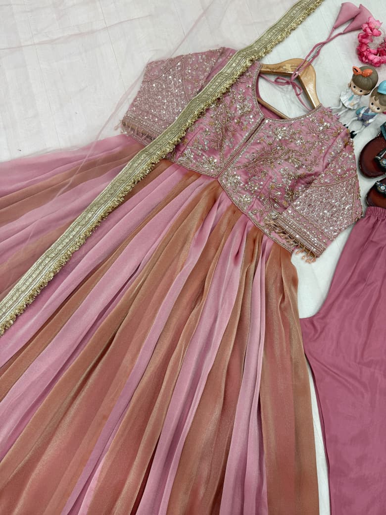 Embroidered Mink Silk Gown Set with Butterfly Net Dupatta | Indian Occasion Wear