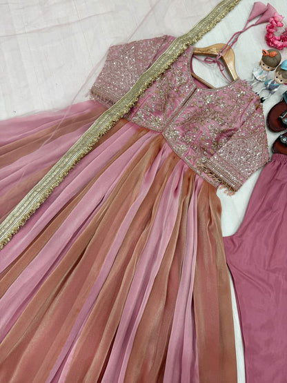 Embroidered Mink Silk Gown Set with Butterfly Net Dupatta | Indian Occasion Wear