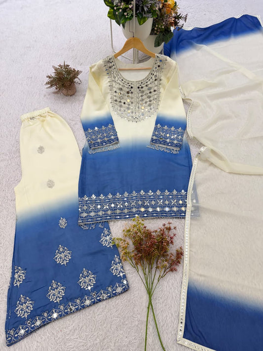 Blue and Pink Mirror Embroidered  Palazzo Set with Dupatta
