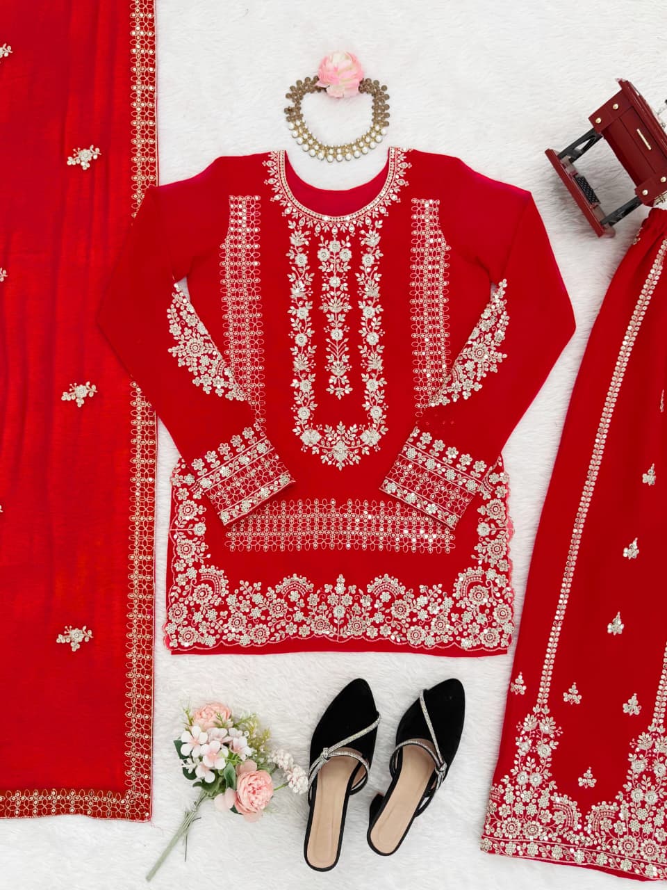 Embroidered  Palazzo Set with Dupatta | 3-Piece Indian Occasion Wear