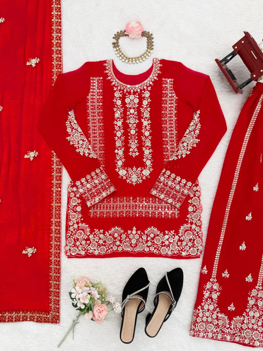 Embroidered  Palazzo Set with Dupatta | 3-Piece Indian Occasion Wear