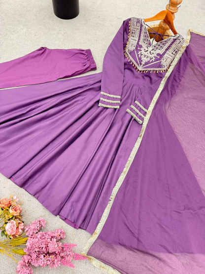 Embroidered Roman Silk Anarkali Set with Dupatta