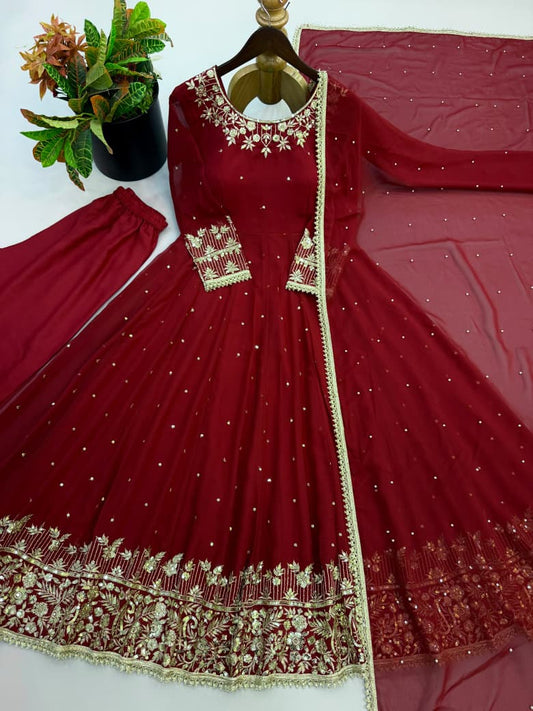 Embroidered Gown Set with Moti Dupatta