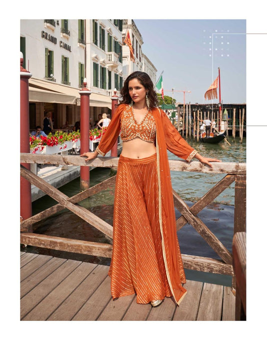 Luxe Embellished Silk Blouse & Palazzo Set with Net Dupatta – Green, Pink & Orange