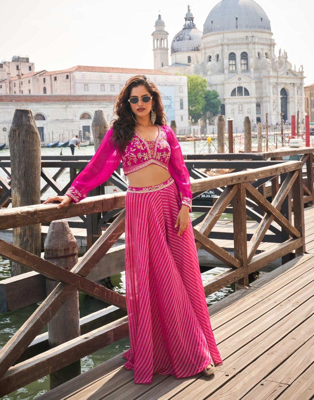Luxe Embellished Silk Blouse & Palazzo Set with Net Dupatta – Green, Pink & Orange