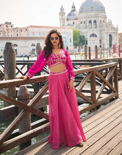 Luxe Embellished Silk Blouse & Palazzo Set with Net Dupatta – Green, Pink & Orange