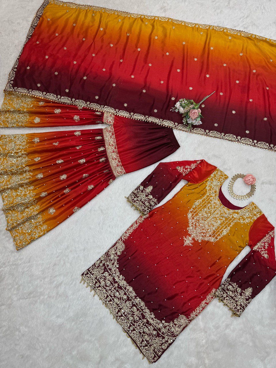 Dual-Colour Palazzo Set with Sequins & Moti Work