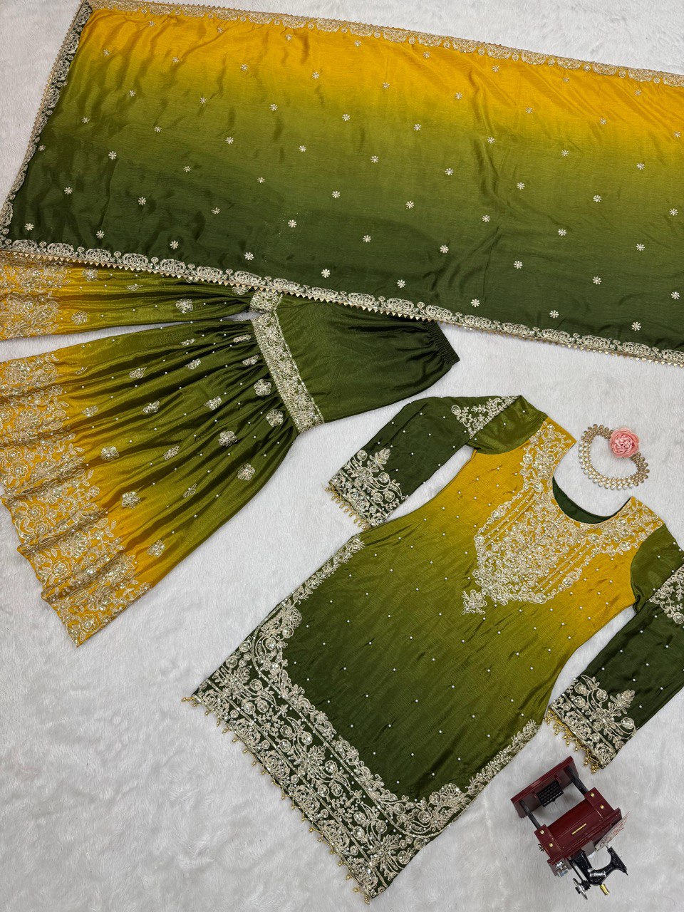 Dual-Colour Palazzo Set with Sequins & Moti Work