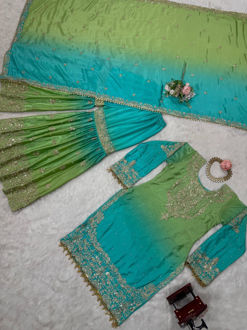 Dual-Colour Palazzo Set with Sequins & Moti Work