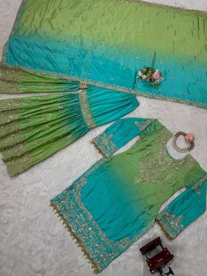 Dual-Colour Palazzo Set with Sequins & Moti Work
