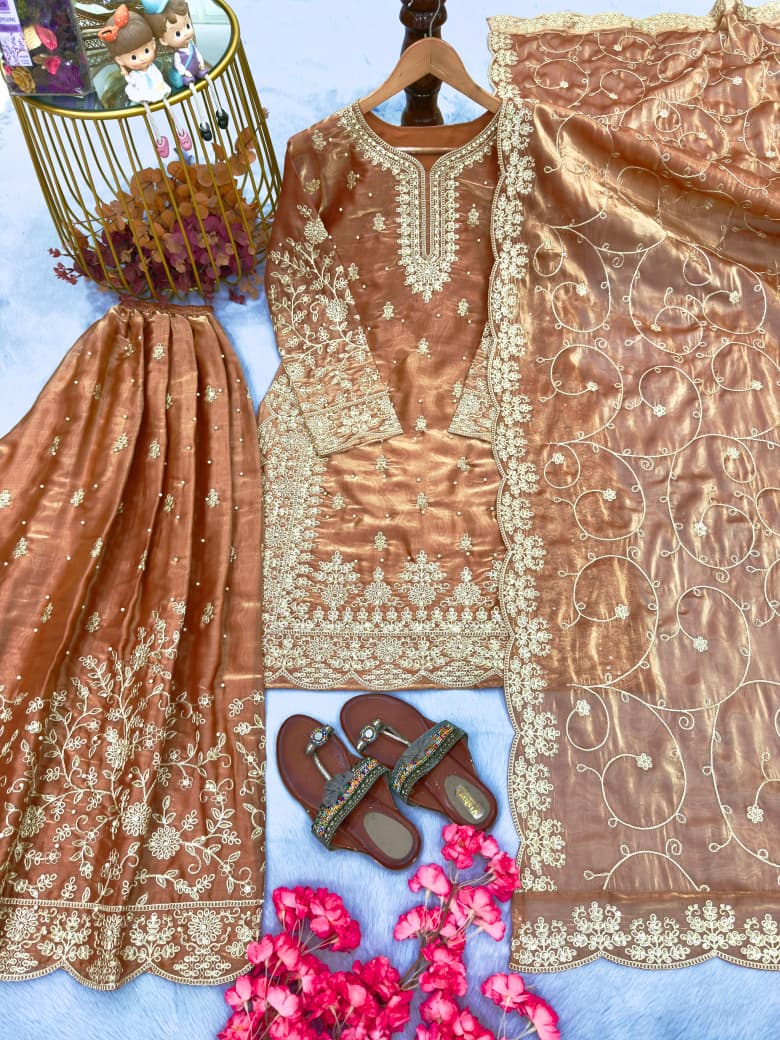 Brownish Rust Embroidered Silk Top & Palazzo Set