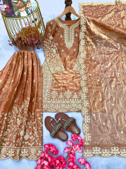 Brownish Rust Embroidered Silk Top & Palazzo Set