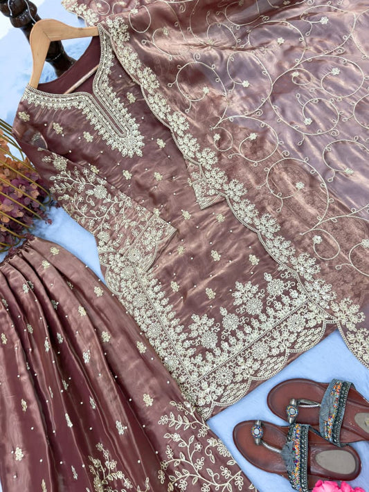 Brown Chrome Embroidered Silk Top & Palazzo Set