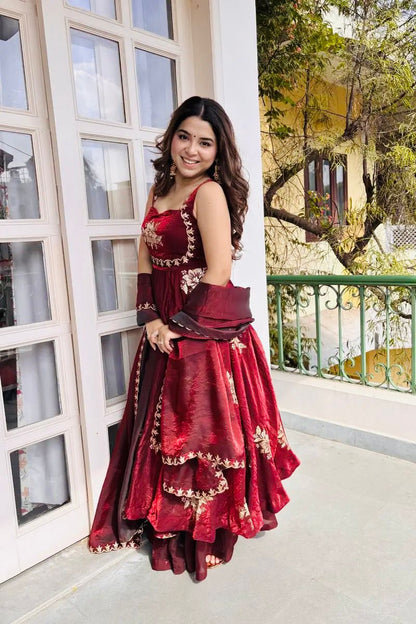 Red Embroidered Gown & Sharara Set with Dupatta | Full Flair Occasion Wear