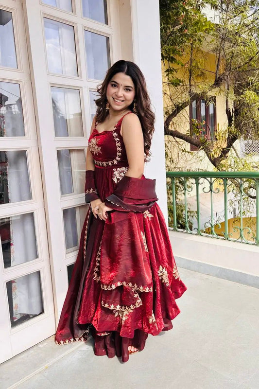 Red Embroidered Gown & Sharara Set with Dupatta | Full Flair Occasion Wear