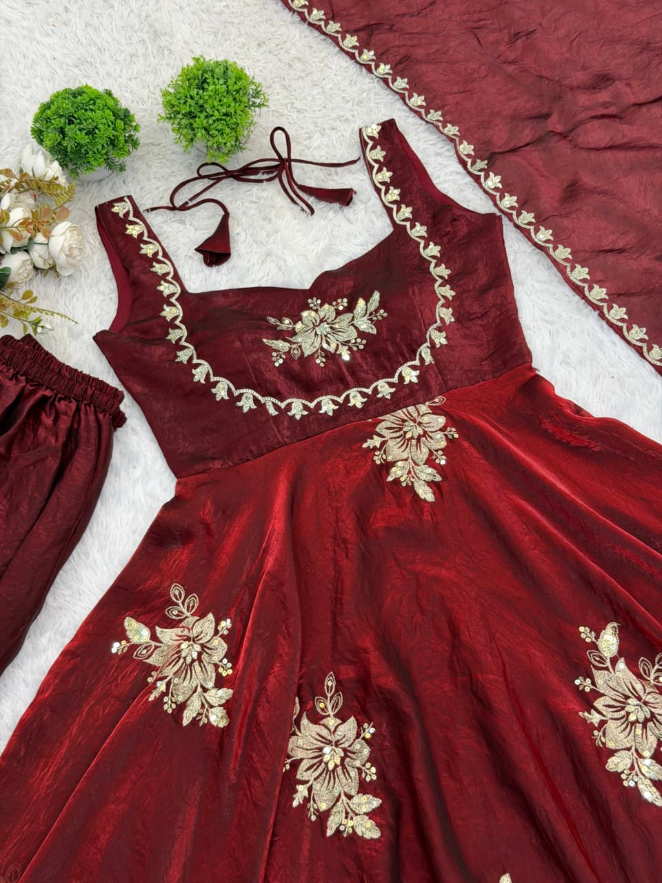 Red Embroidered Gown & Sharara Set with Dupatta | Full Flair Occasion Wear