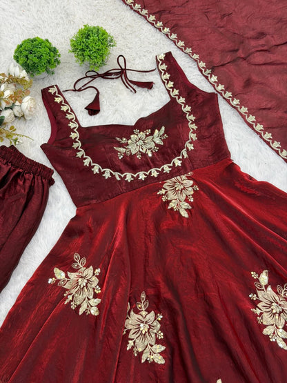 Red Embroidered Gown & Sharara Set with Dupatta | Full Flair Occasion Wear