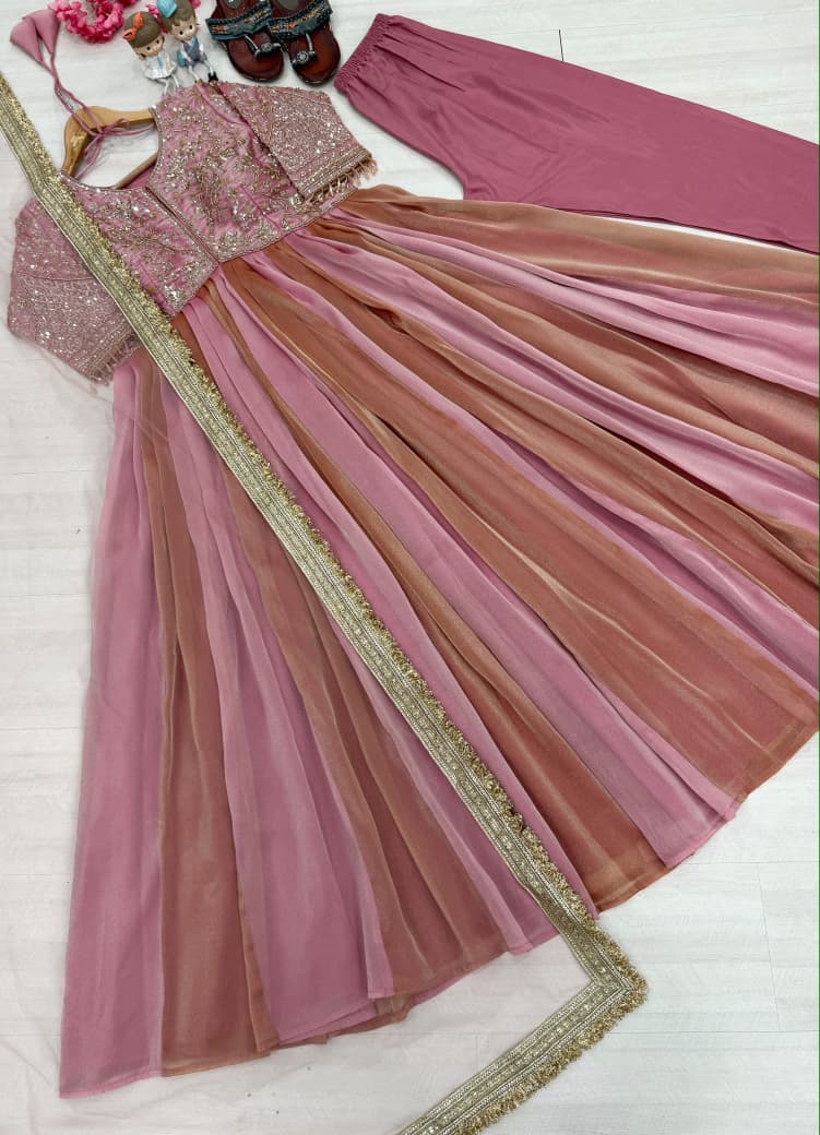 Embroidered Mink Silk Gown Set with Butterfly Net Dupatta | Indian Occasion Wear