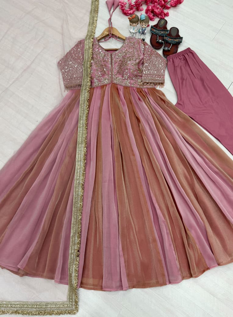 Embroidered Mink Silk Gown Set with Butterfly Net Dupatta | Indian Occasion Wear