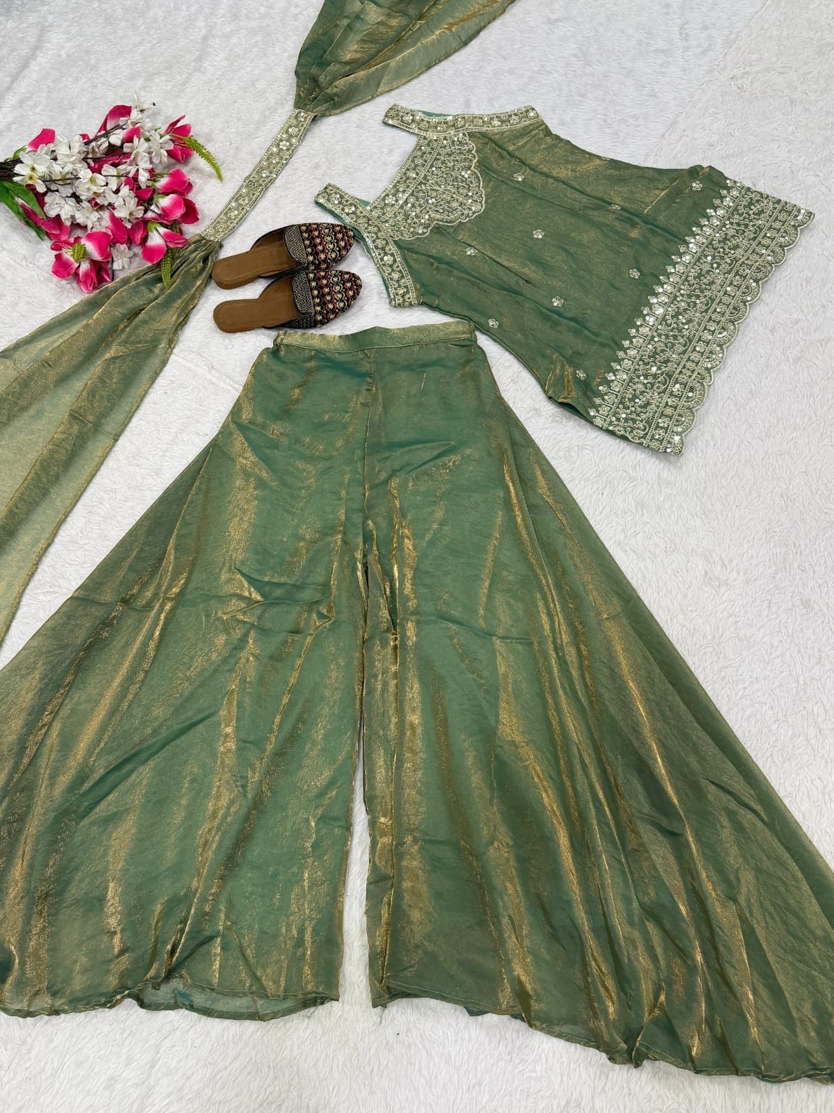 Embroidered Silk Sharara Set with Dupatta | 3-Piece Indian Occasion Wear