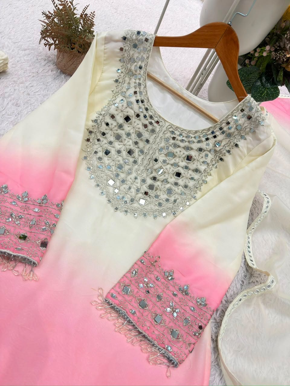 Blue and Pink Mirror Embroidered  Palazzo Set with Dupatta