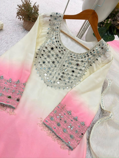 Blue and Pink Mirror Embroidered  Palazzo Set with Dupatta