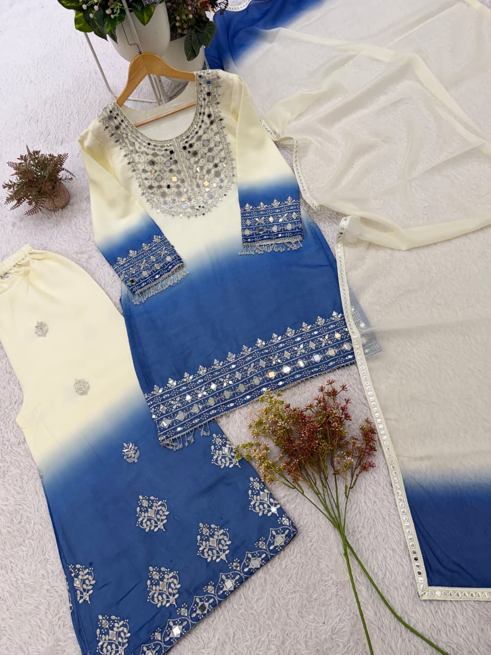 Blue and Pink Mirror Embroidered  Palazzo Set with Dupatta