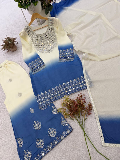 Blue and Pink Mirror Embroidered  Palazzo Set with Dupatta