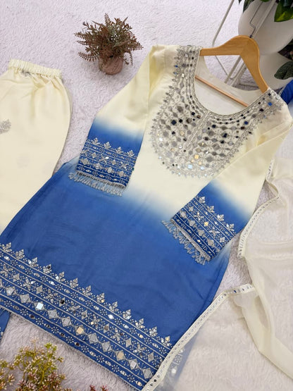 Blue and Pink Mirror Embroidered  Palazzo Set with Dupatta