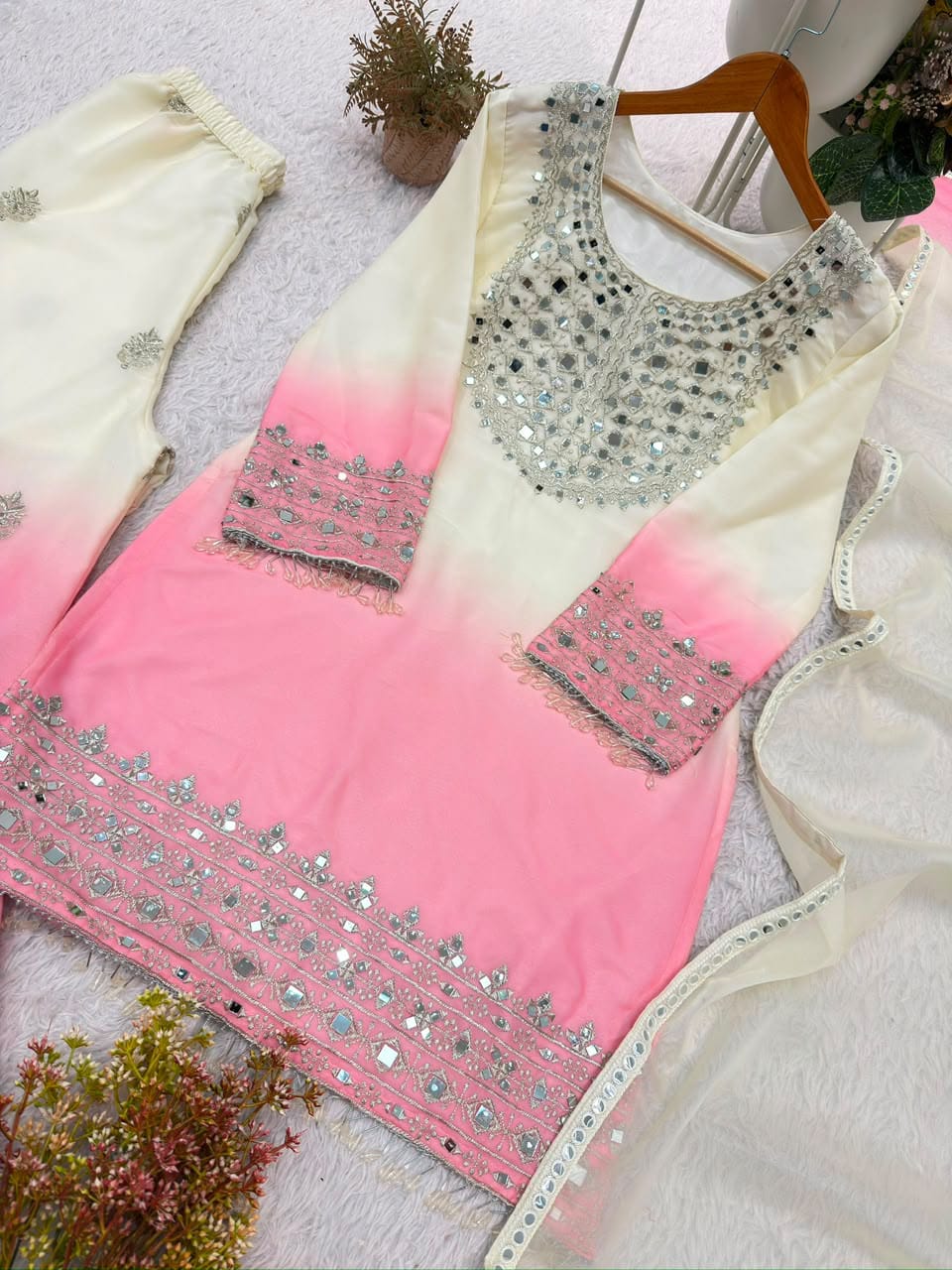 Blue and Pink Mirror Embroidered  Palazzo Set with Dupatta