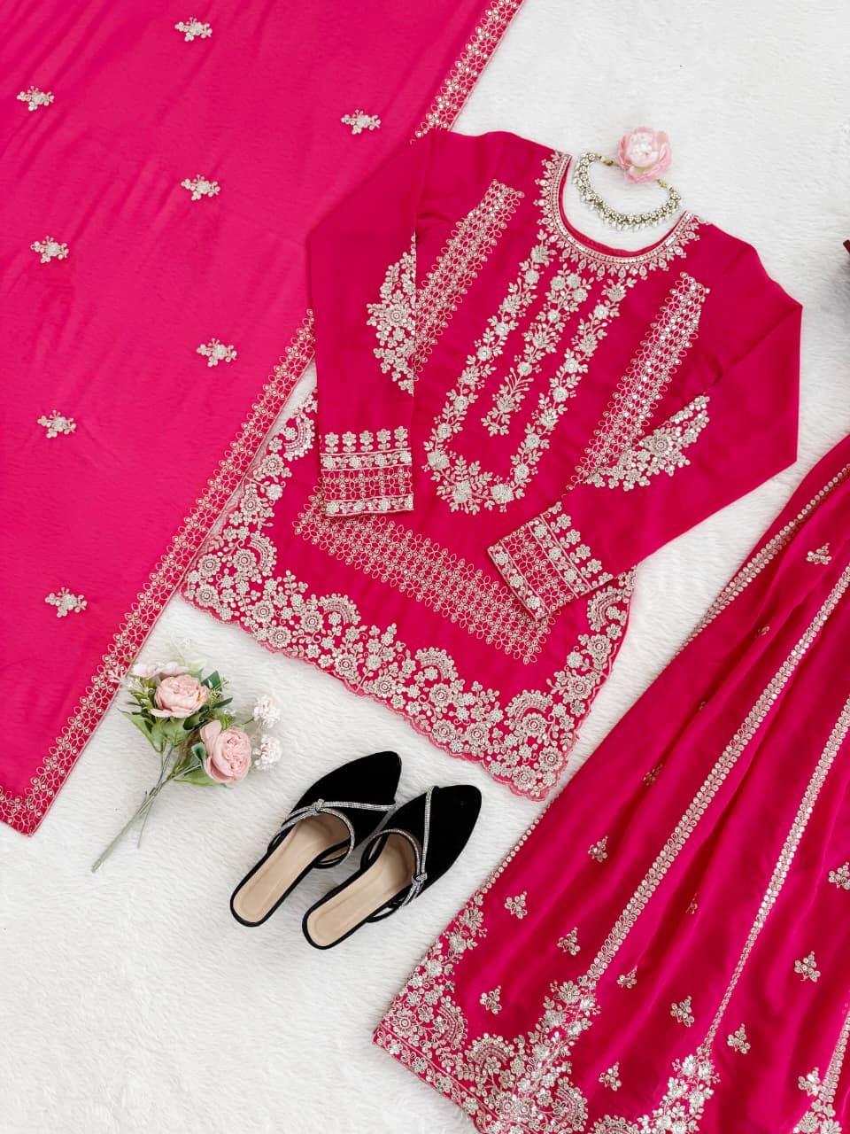 Embroidered  Palazzo Set with Dupatta | 3-Piece Indian Occasion Wear