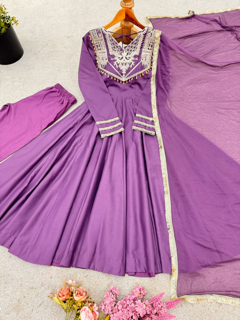 Embroidered Roman Silk Anarkali Set with Dupatta