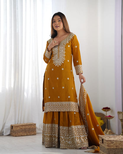 Silk Embroidered Sharara Set – 3-Piece Fully Stitched