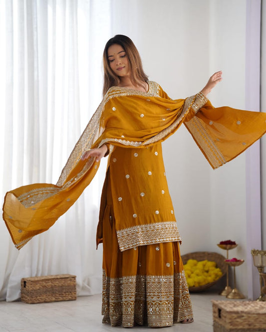 Silk Embroidered Sharara Set – 3-Piece Fully Stitched