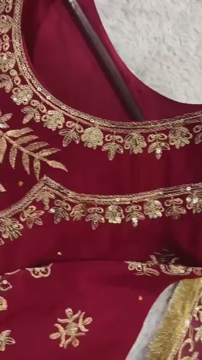 Red Embroidered Georgette Punjabi Set with Palazzo & Dupatta | Festive Occasion Wear