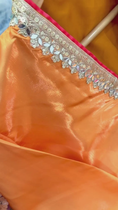Embroidered Roman Glass Top & Palazzo Set with Organza Dupatta | Mirror Work Occasion Wear