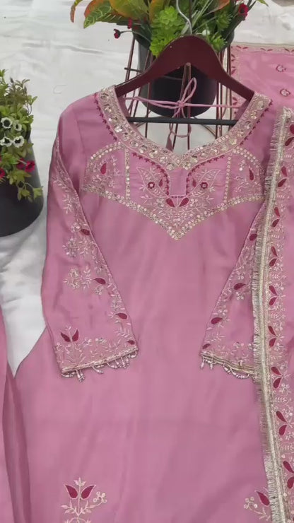 Pink Pure Chinnon Embroidered Sharara Palazzo Set with Dupatta