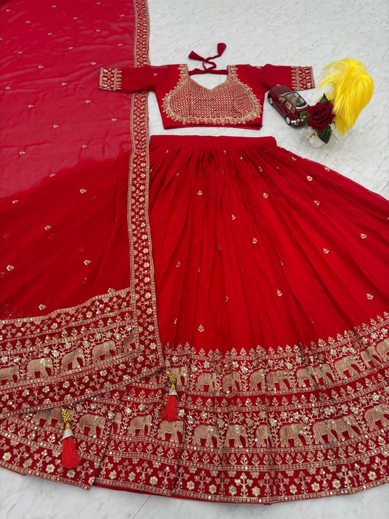Red Embroidered Lehenga Set